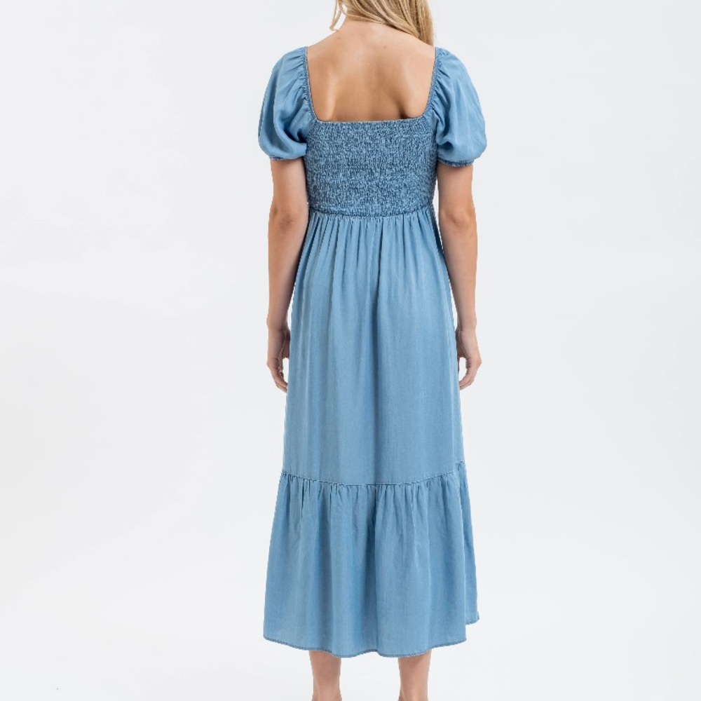 Blu Pepper Chambray Smocked Puff Sleeve Midi Dress - Picture 3 of 4
